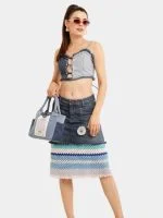 Distressed Heart Denim Top & Crochet Patchwork Skirt Set - Image 9
