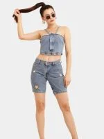 Rhinestone Reworked Denim Top & Heart Cut-Out Shorts Set