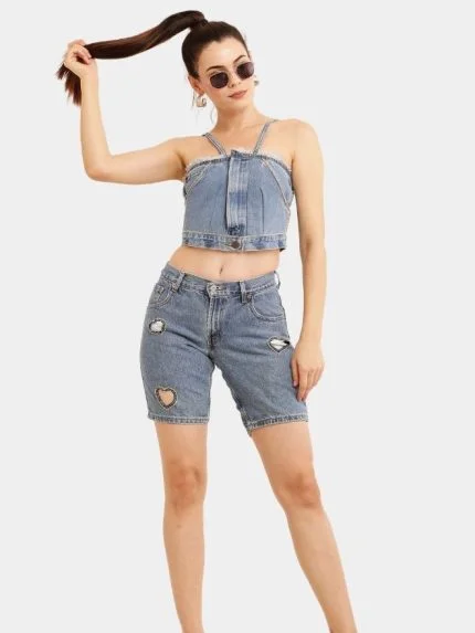 Rhinestone Reworked Denim Top & Heart Cut-Out Shorts Set