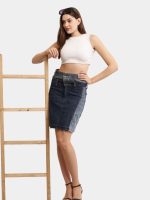Two-Tone Reworked Denim Skirt – Upcycled Patchwork - Image 8