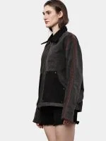 Reworked Carhartt Double Knee Patch Denim Jacket – Black Denim Jacket with Red Stitch Detailing - Image 10