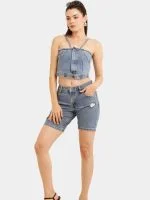 Rhinestone Reworked Denim Top & Heart Cut-Out Shorts Set - Image 4