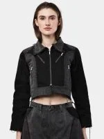 Duo Tone Black Reworked Jacket with Zipper Detail & White Thread Patchwork - Image 13