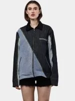 Two-Tone Denim Jacket with Contrast Thread Work – Reworked Denim Zip Jacket - Image 5