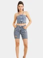 Rhinestone Reworked Denim Top & Heart Cut-Out Shorts Set - Image 2