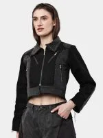 Duo Tone Black Reworked Jacket with Zipper Detail & White Thread Patchwork - Image 14
