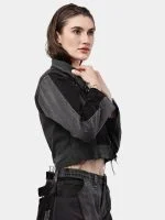 Duo Tone Black Reworked Jacket with Zipper Detail & White Thread Patchwork - Image 16