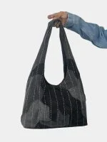 Monochrome Patchwork Running-Stitch Tote Bag