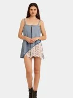 Denim & White Net Rework Dress with Front Zipper