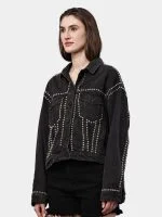 Silver Studded Black Denim Jacket – Hand Embellished Stud Work – Cropped Streetwear Jacket - Image 16