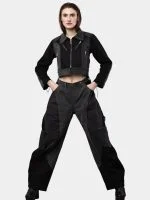 Duo Tone Black Reworked Jacket with Zipper Detail & White Thread Patchwork - Image 20