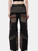 Distressed Leopard Patchwork Barrel Denim Pants - Image 13