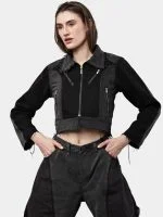 Duo Tone Black Reworked Jacket with Zipper Detail & White Thread Patchwork - Image 21