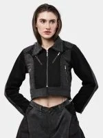 Duo Tone Black Reworked Jacket with Zipper Detail & White Thread Patchwork - Image 22