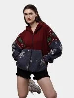 Red Tapestry Zip Hoodie – Cotton Hoodie with Tapestry Panel Work