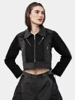 Duo Tone Black Reworked Jacket with Zipper Detail & White Thread Patchwork