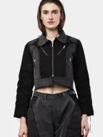 Duo Tone Black Reworked Jacket with Zipper Detail & White Thread Patchwork - Image 24