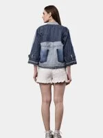Two Tone Blue Reworked Denim Jacket with Utility Pockets - Image 2