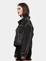 Silver Studded Black Denim Jacket – Hand Embellished Stud Work – Cropped Streetwear Jacket - Image 15