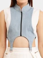 Upcycled White & Blue Streetwear Co-Ord Set – Zip Top & Pleated Skirt - Image 4