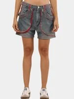Vintage Denim Panel Shorts with Red Stitch Detail - Image 9