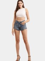 Distressed Hem Blue Denim Shorts - Image 2