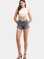 Distressed Hem Blue Denim Shorts
