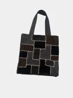 Reworked Patchwork Canvas Tote Bag with Contrast White Stitching - Image 2