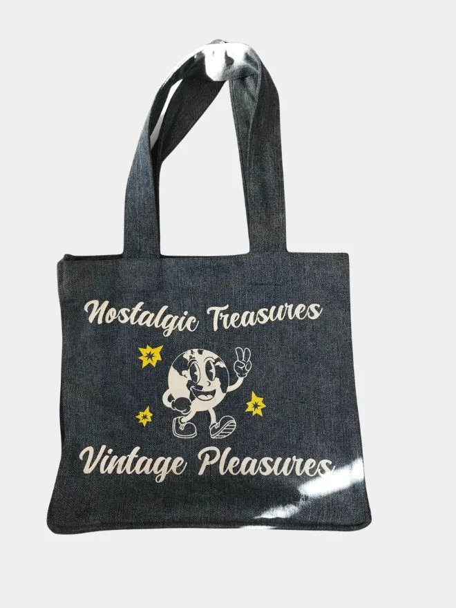 43 Vintage Graphic Denim Tote Bag – Nostalgic Print Design - Image 1