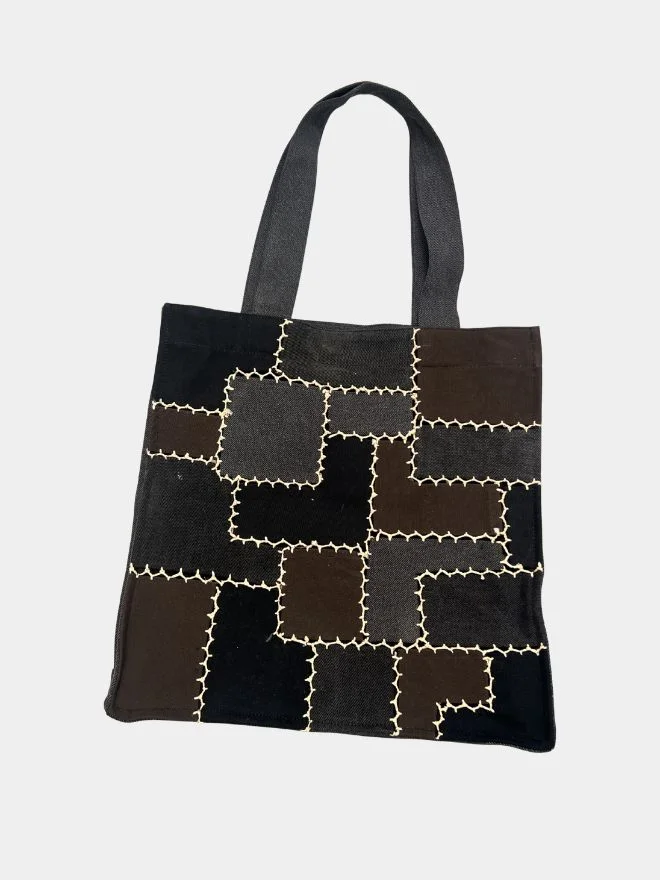 44 Reworked Patchwork Canvas Tote Bag with Contrast White Stitching - Image 1