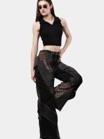 Distressed Leopard Patchwork Barrel Denim Pants - Image 2