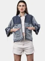 Two Tone Blue Reworked Denim Jacket with Utility Pockets - Image 7