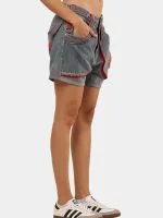 Vintage Denim Panel Shorts with Red Stitch Detail - Image 2