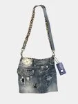 Miss Me Denim Shoulder Bag with Leopard Strap
