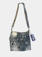 Miss Me Denim Shoulder Bag with Leopard Strap