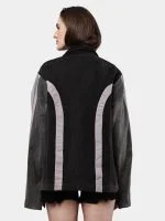 Two-Tone Black Denim Jacket with Grey Stripe Panels – Reworked Streetwear Denim Jacket - Image 2