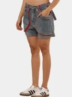 Vintage Denim Panel Shorts with Red Stitch Detail - Image 7