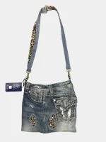 Miss Me Denim Shoulder Bag with Leopard Strap - Image 7
