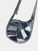 Denim Patchwork Tote Bag with White Stitch - Image 2