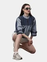 Two Tone Blue Reworked Denim Jacket with Utility Pockets - Image 10