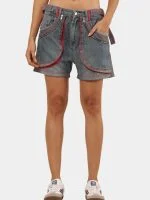 Vintage Denim Panel Shorts with Red Stitch Detail