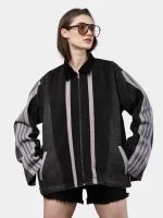 Two-Tone Black Denim Jacket with Grey Stripe Panels – Reworked Streetwear Denim Jacket - Image 7