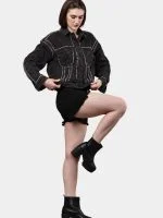 Silver Studded Black Denim Jacket – Hand Embellished Stud Work – Cropped Streetwear Jacket - Image 14