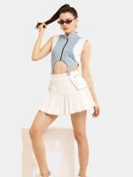 Upcycled White & Blue Streetwear Co-Ord Set – Zip Top & Pleated Skirt