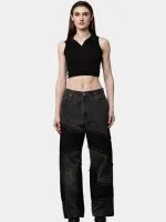 Reworked Vintage Denim Pants – Black Patch Panels with Contrast Stitch - Image 11
