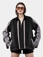 Two-Tone Black Denim Jacket with Grey Stripe Panels – Reworked Streetwear Denim Jacket - Image 6