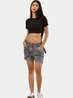 Vintage Denim Panel Shorts with Red Stitch Detail - Image 3