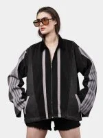 Two-Tone Black Denim Jacket with Grey Stripe Panels – Reworked Streetwear Denim Jacket - Image 5