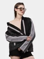 Two-Tone Black Denim Jacket with Grey Stripe Panels – Reworked Streetwear Denim Jacket - Image 4