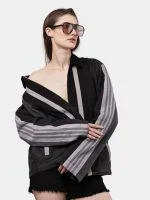 Two-Tone Black Denim Jacket with Grey Stripe Panels – Reworked Streetwear Denim Jacket